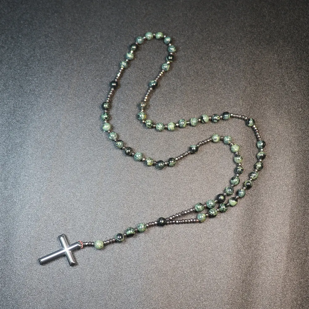Trendy Crosses Pendant Necklace Catholic Christ Rosary Necklaces For Men Women 8mm Polar Jade Stone Beaded Meditation Necklace