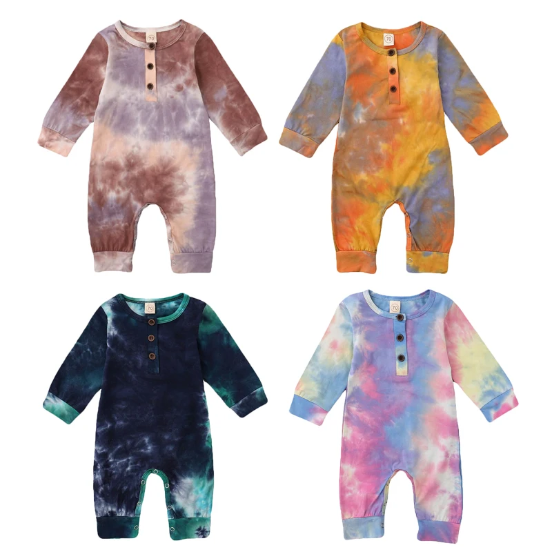 4Colors 0-18M Baby Boy Girl Button Rompers Long Sleeve Tie Dye Print  Jumpsuit Fall Warm Clothes