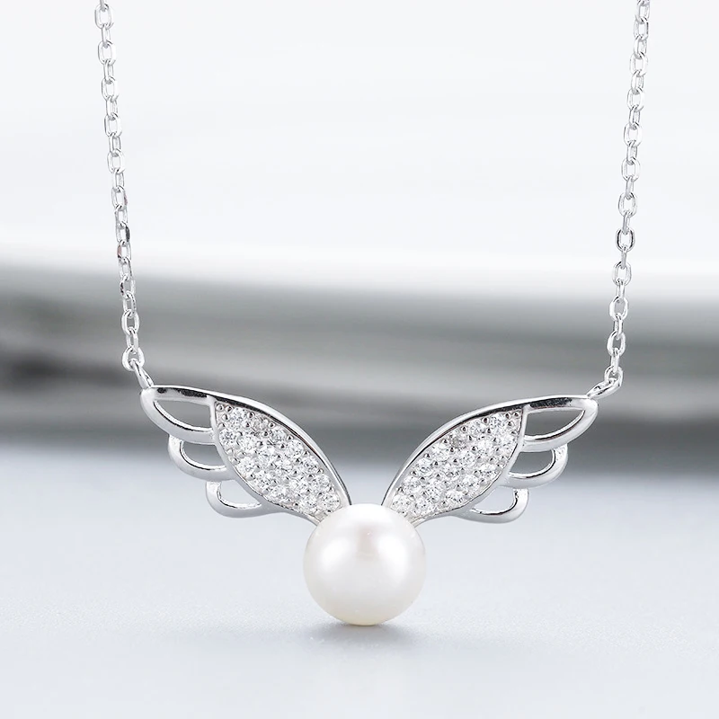 

MADALENA SARARA Sterling Silver S925 9-10mm Freshwater Pearl Pendant Women Necklace Cubic Zirconia Angle Wings Chain Necklace