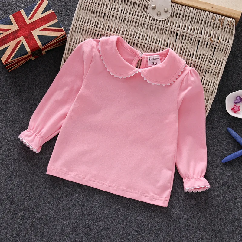 Kids T Shirts Spring Autumn Girls T-shirts Clothing Long Sleeve Peter Pan Collar Solid Color Cotton Children\'s Tops Tees Clothes