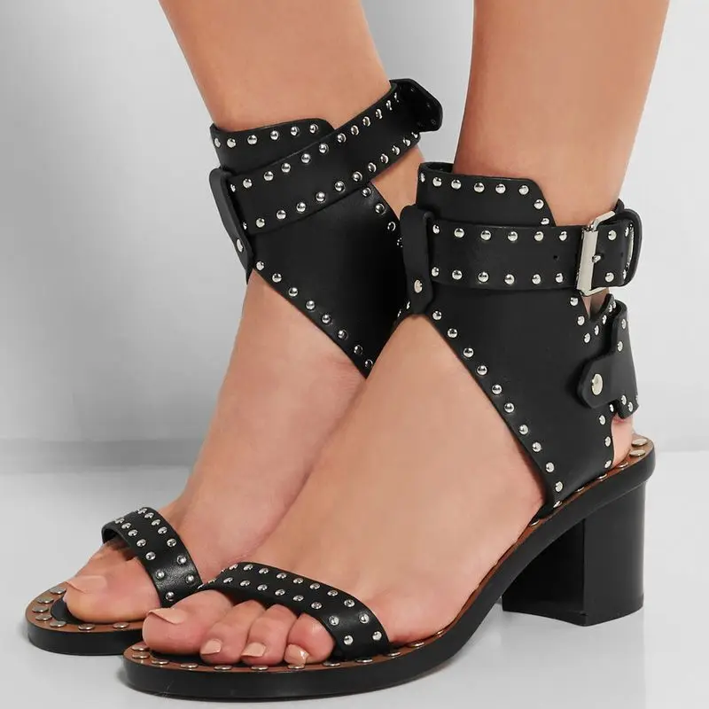 Ankle Buckle Cut-Out Sexy Rivets Sandels Summer Black Party Dress Causal Gladiator Women Shoes Open Toe Stud Sandals