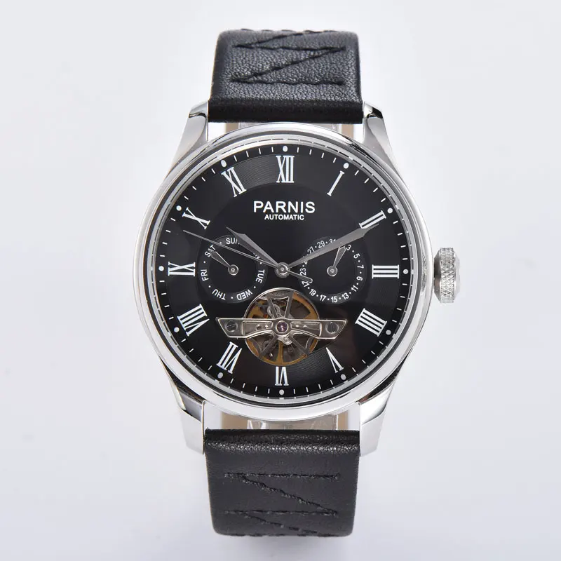 

NEW Parnis 42.5mm ST2502 Automatic Mens Wristwatch Black Dial Auto Date Week display leather strap Rman numerals Flywheel