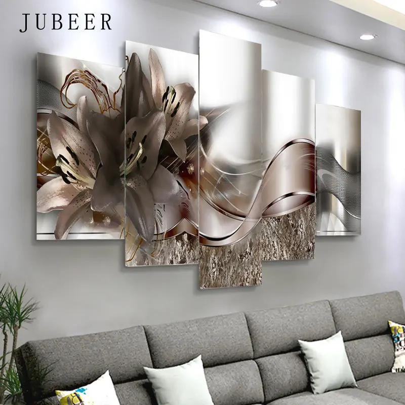 5 Pieces European Style Canvas Painting Wall Poster Art Picture Silver Gorgerous Flowers Shining Light for Home Rooms Decoration