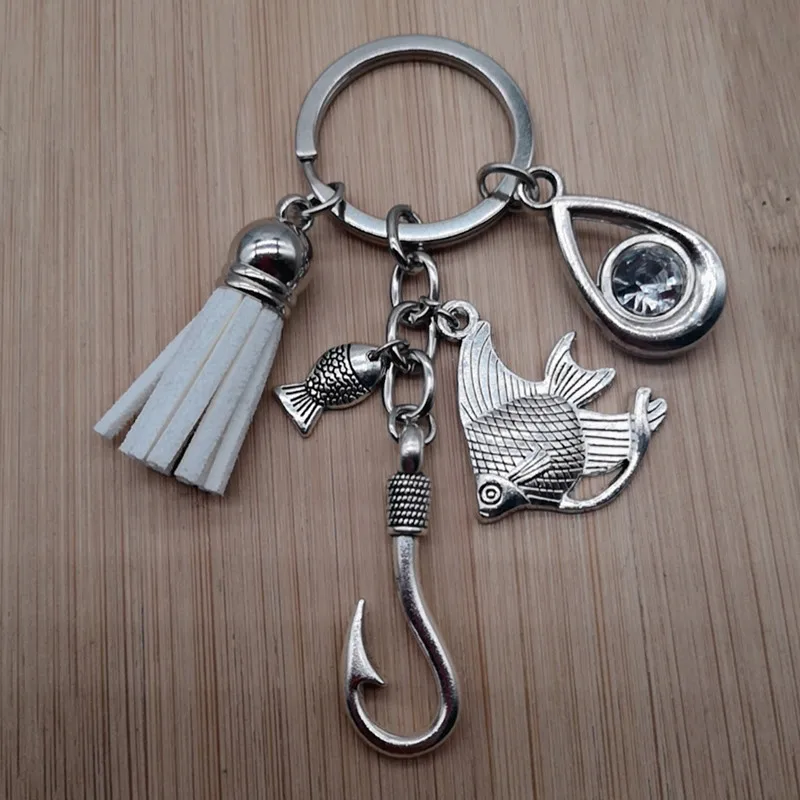New fish hook couple fishing key chain water drop birth stone tassel key ring fish hook jewelry father\'s day gift friend gift