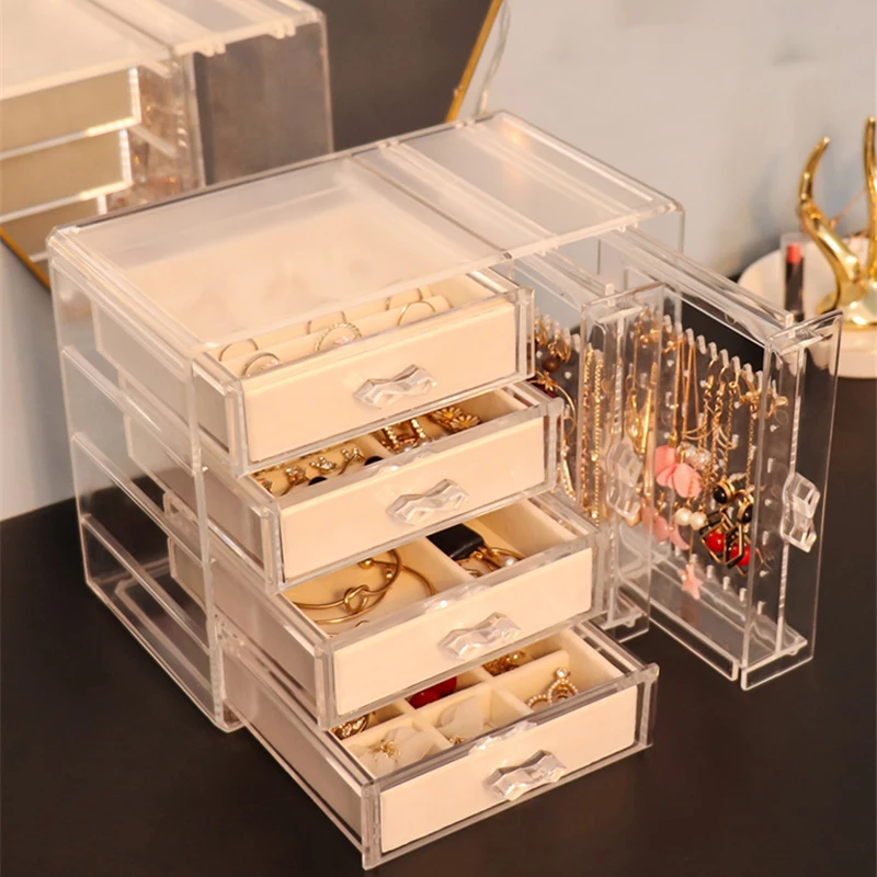 

Ornament Earring Storage Box Transparent Acrylic Jewelry Box Home Desktop Decor Organizer Flocking Cloth Dustproof Storager