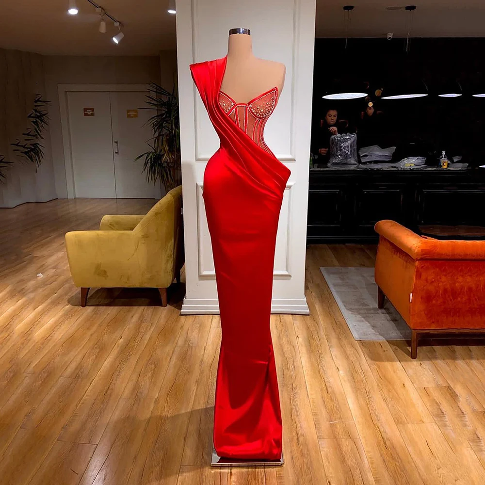 Yipeisha Red Mermaid Evening Dresses One-shoulder Pleated Glitter Pageant Dresses Long Black Satin Prom Party Gowns Customized