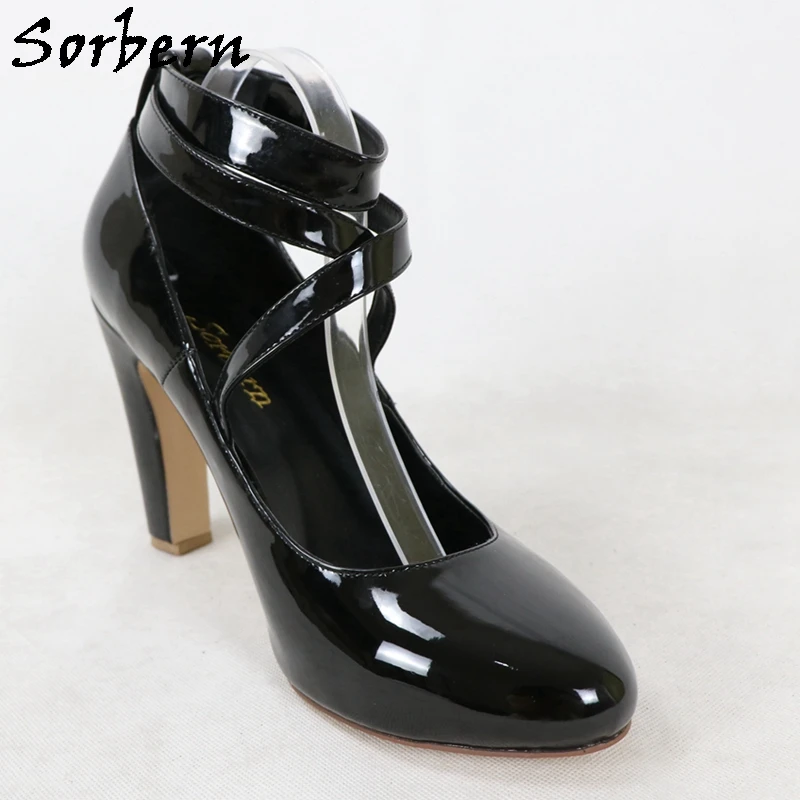 Sorbern Glossy Vintage Round Toe Chunky Heels Women Pumps High Heel Buckles Cross Straps Women Heels Diy Women Dress Shoes