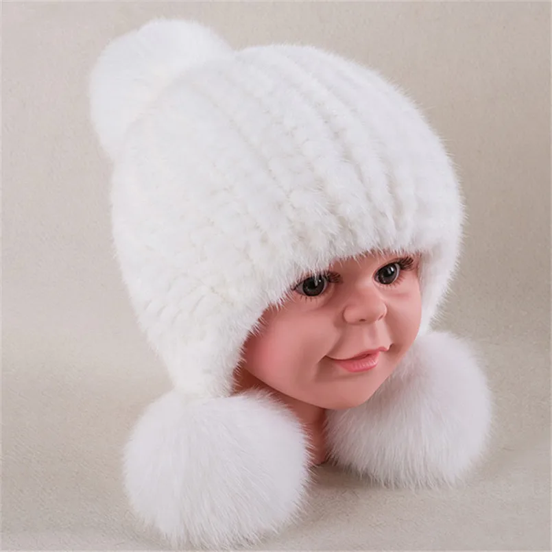 New Arrival Winter Hat for Baby Girl Boy Child Caps of Real Mink Fur Cap with Big Pompom Ball Fashion Warm Knitting Headwear H30