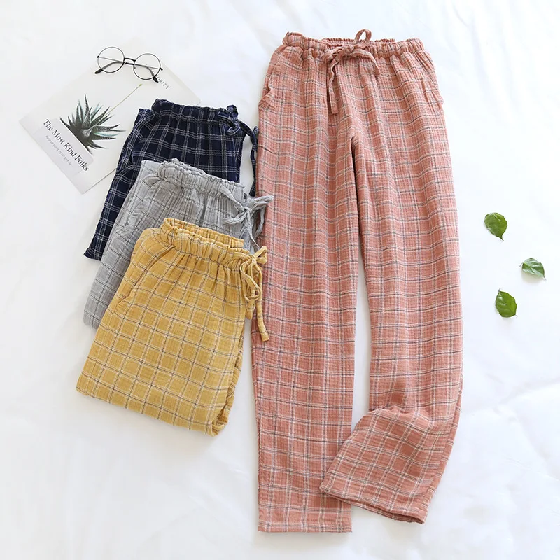 Japanese new spring and autumn couples cotton crepe cloth plaid trousers men and women large size home pants simple casual pants