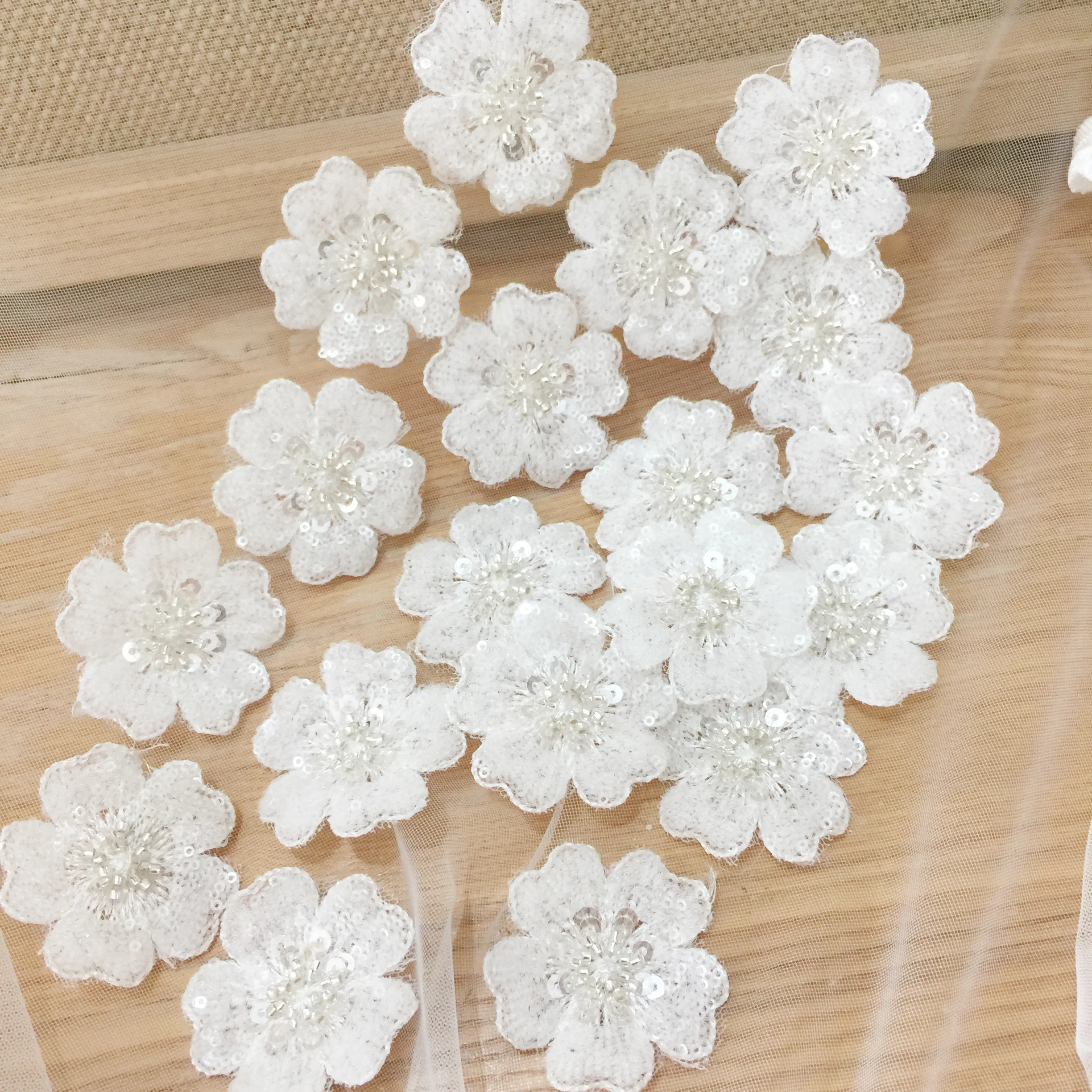 50 Pieces Off White 3D Sequin Beaded Lace Applique Flower Patch Motif Veil Bodice DIY Craft Supply 5cm Diameter