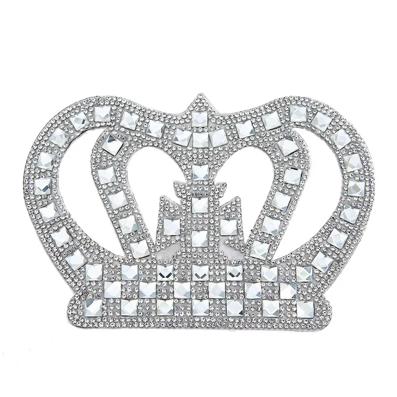 Big size Hot Fix Silver Shiny Rhinestone Crown Patches Design Heat Transfer Crystal Motif Iron on Baby Clothing Shoes Applique