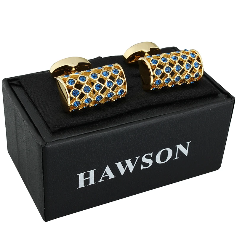 HAWSON Luxury Golden Cufflinks for Men Fashion French Shirt Cufflinks Accessories Cuff Button with Crystal Best Gifts with Box