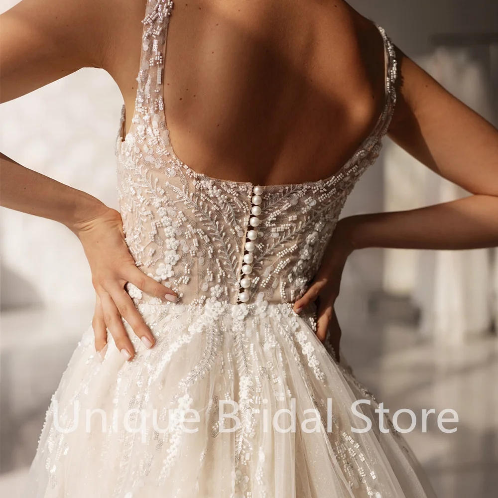 Splendidi abiti da sposa princess Sexy Backless Button Spaghetti Strap senza maniche coda staccabile bellissimi abiti da sposa