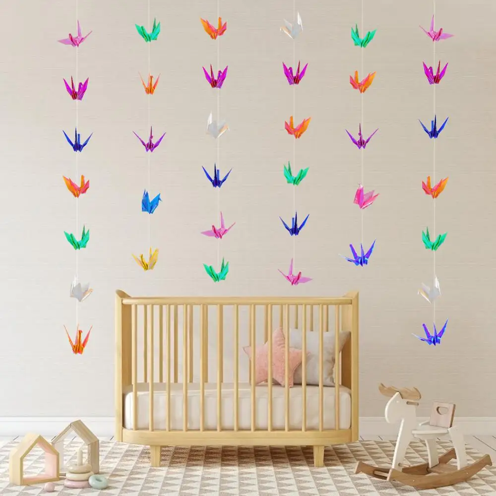 5Strings 75Pcs Premade Origami Paper Cranes Garlands Waterproof Iridescent Origami Birds Streamers For Wedding Valentine's Day