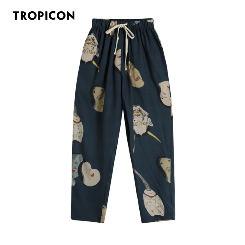 

TROPICON Ukiyoe Hannya Print Royal Blue Pants Summer Trousers Women Lace Up Drawstring Pants Ankle-Length Aesthetic Pants 2021