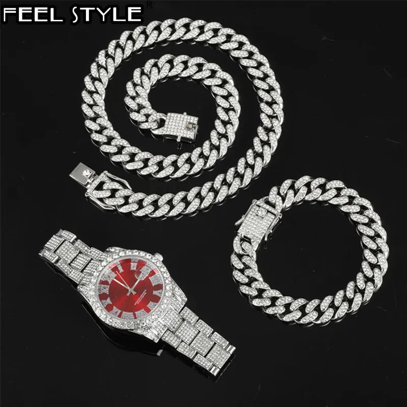 

Hip Hop 13MM 3PCS KIT Watch+Necklace+Bracelet Bling Crystal AAA+ Iced Out Cuban Chain Rhinestones Chains For Women Men Jewelry