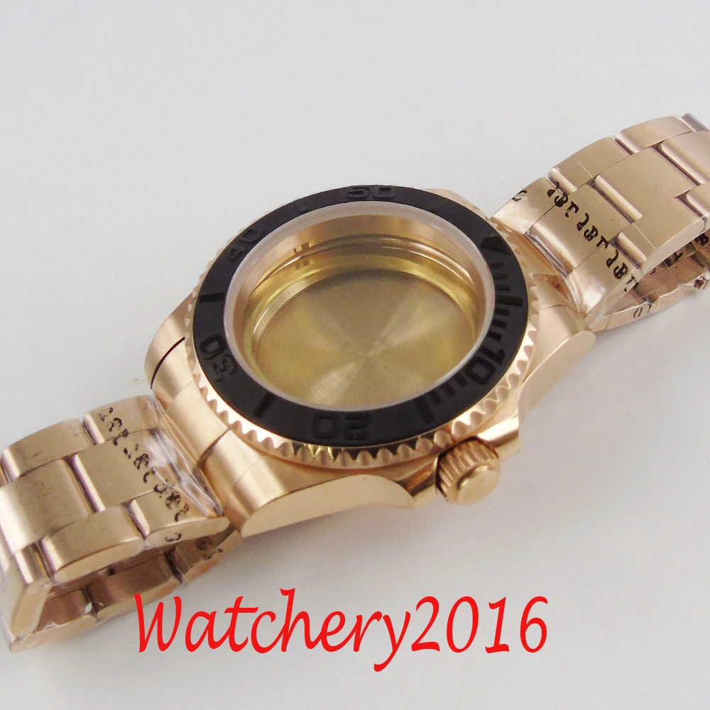 40mm Brushed Black Rotating Ceramic Bezel Rose Gold plated Sapphire Watch Case fit 2836 8215 NH35A ETA 2824 Automatic Movement