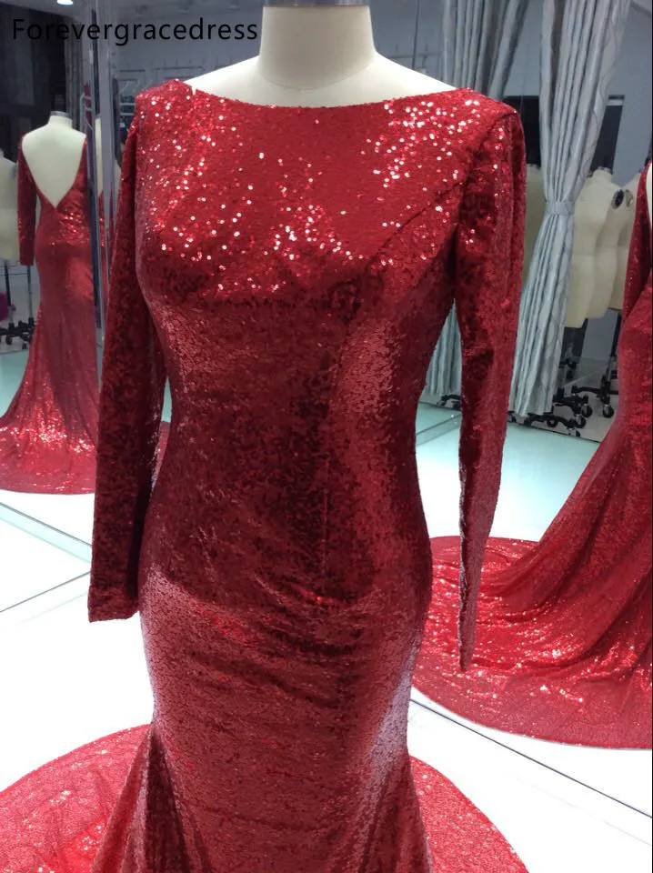 Bella Sparkly Maniche Lunghe Vestito Da Promenade Del Nuovo di Arrivo di Paillettes Rosso Backless Abito Del Partito Su ordine Più Il Formato