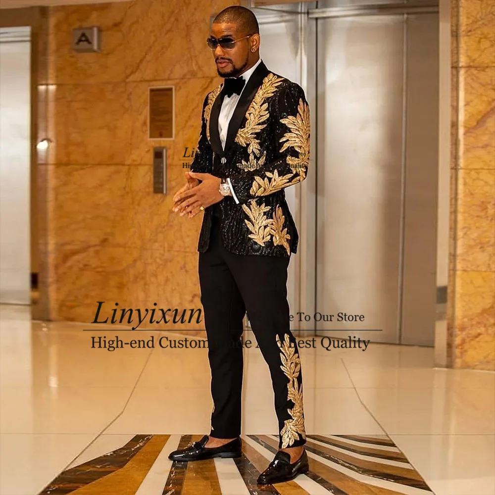 Black Men Suits With Embroidery Beaded Two Pieces Peacked Lapel Designer Blazers Wedding Tuxedos Gold Mens Jacket and Pants 2021