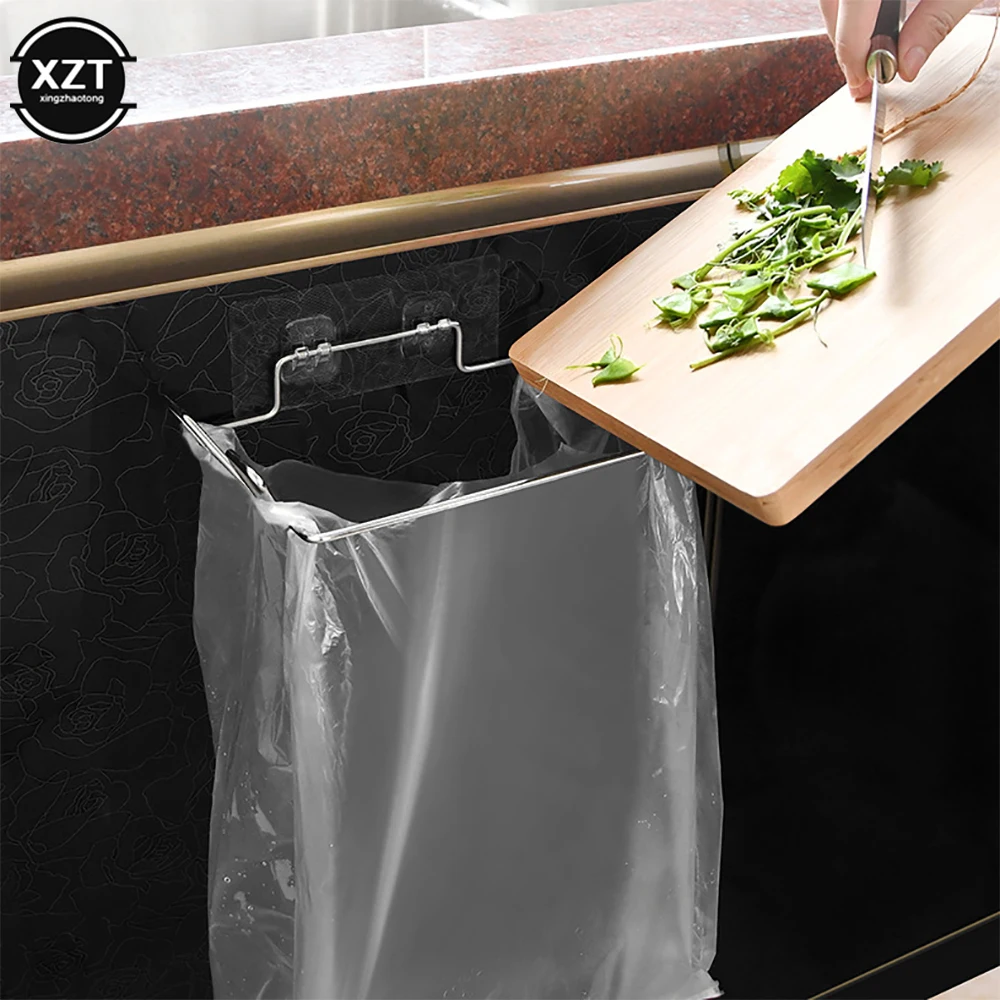 Kitchen Trash Rack Cabinet Door Garbage Bags Holder Stainless Steel Closet Garbage Storage Holder Garbage Bags Rack Holder