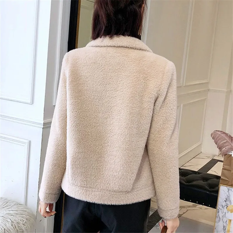 Koreaanse Winter Vrouwen Faux Nertsen Kasjmier Wollen Jas Dames Vest 4 Kleur Lange Mouw Grote Zak Dikke Korte Bovenkleding Vrouwelijke