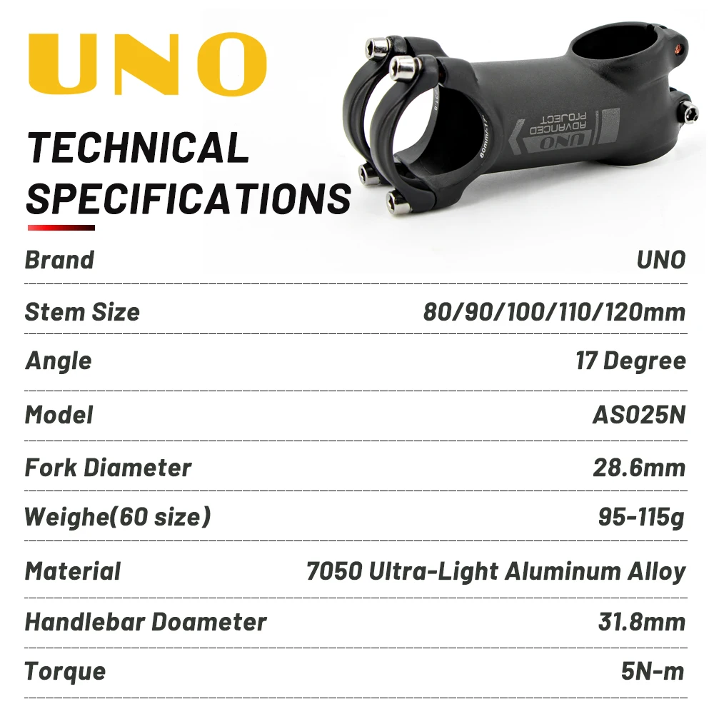 UNO Bike Stem 17 Degree Ultralight Alu 7050 MTB Road Bicycle Stem 31.8mm 80/90/100/110/120mm Kalloy MTB Stem Bicycle Power Parts