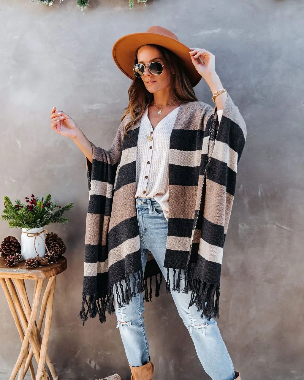 Women Stripe Sweater Open Front Batwing Sleeve Fringe Hem Striped Cape Cardigan Ladies Top Long Blouse