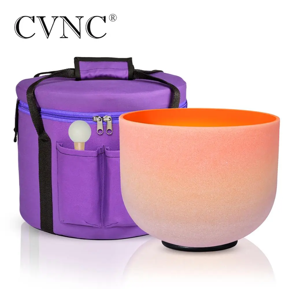 CVNC 8 Inch D Note Frosted Rainbow Quartz Crystal Singing Bowls 440/432Hz Navel Chakra  for sound healing with Bag