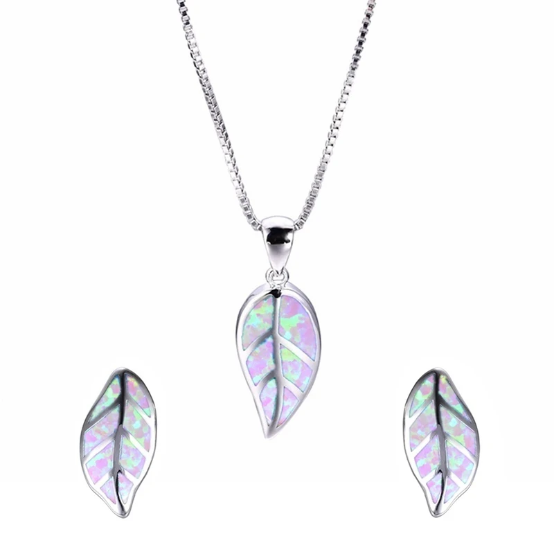 Fashion Leaves Design Jewelry Set Blue Imitation Fire Opal Pendant Necklace With Earrings For Women Accessories Party Loves Gift