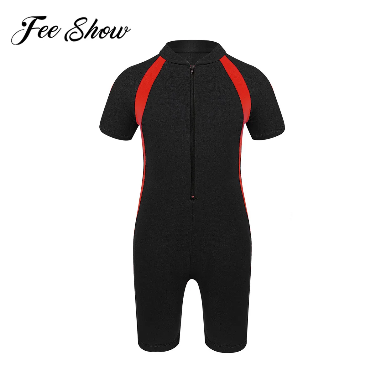 

FEESHOW One-piece Swimsuit Girls Short Sleeves Zippered Shorty Wetsuit Kids Swimsuit Swimwear Bathing Suit Rash Guard Swimwear