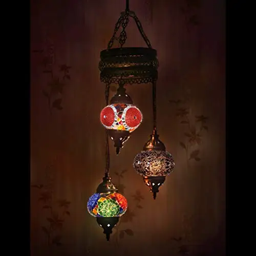 LaModaHome 35 + Unique Colors, 2020 Customizable Chandelier 3 Globes + Free 3 Bulbs, stunning Mosaic Turkish Lamp Moroccan Light