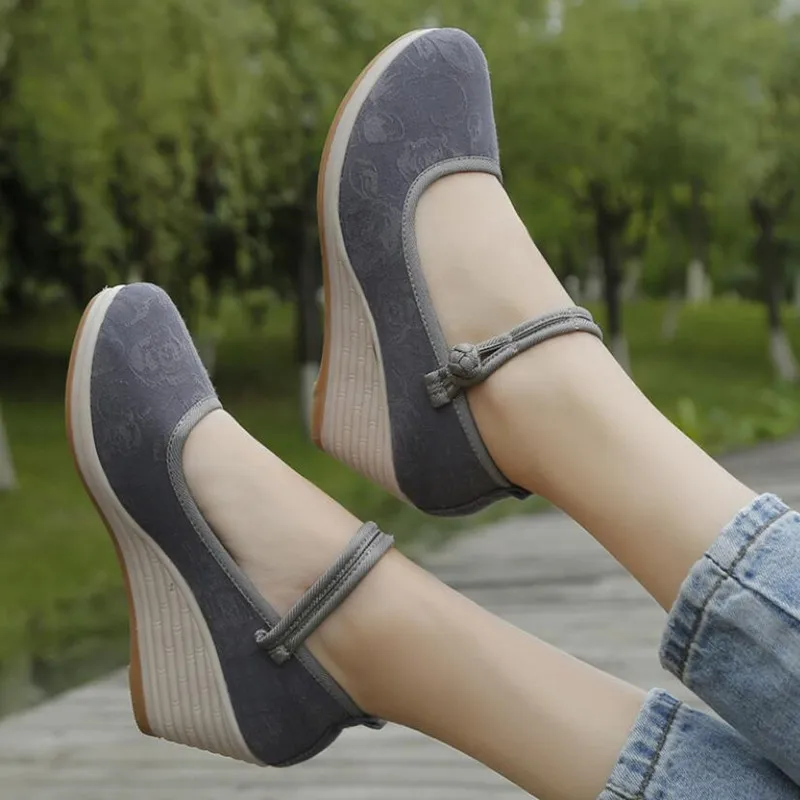 Chinese Style Button Strap Wedge Pumps for Women Retro Cotton Summer Shoes Ladies Dress Espadrilles Vintage Female Sandals