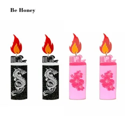 New Arrivals Black Pink Lighters Dragon Flowers Print Glitter Mirror Acrylic Flame Stud Earrings Creative Fashion Jewelry Gifts