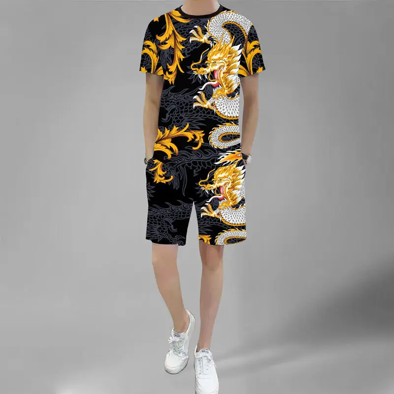 New fashion Chinese style dragon picture suit summer short-sleeved T-shirt + shorts 2-piece casual 3D dragon men's clothing