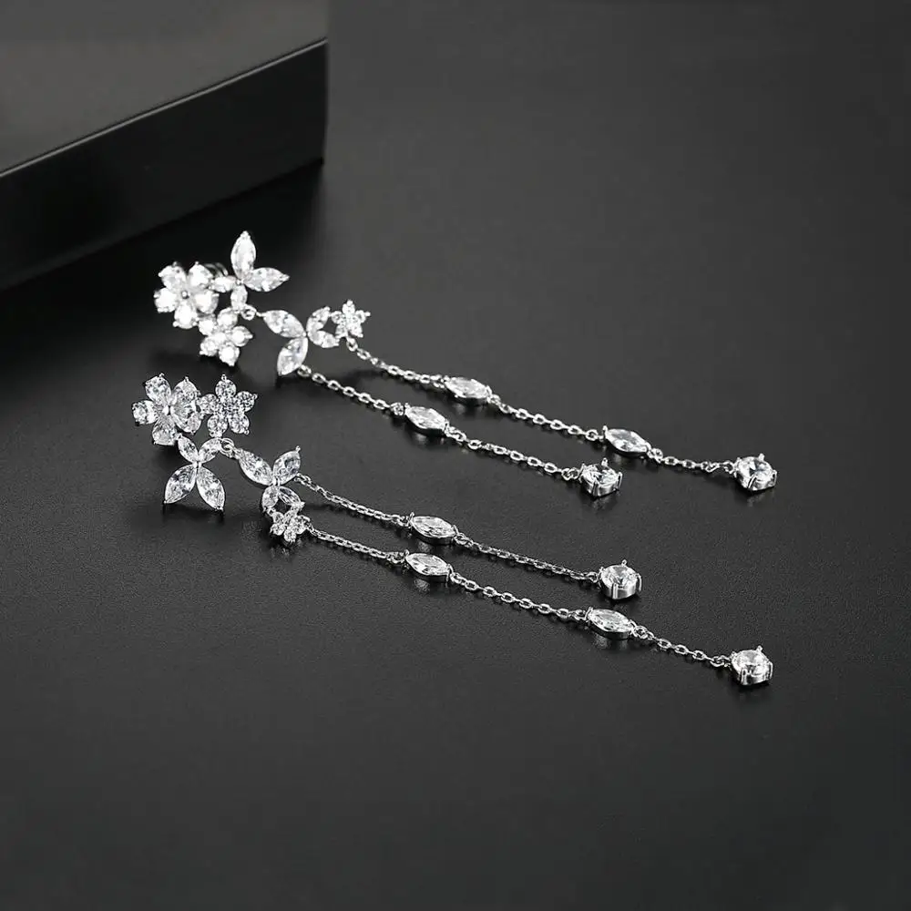 LUOTEEMI Trendy Fairy Flower Long Tassel Drop Dangle Earrings for Women Bridal Wedding Girl Daily Wear CZ Fashion Jewelry Gifts