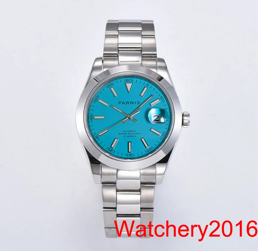 Parnis 39mm Sapphire Crystal Blue Dial Cyclops Date Magnification Miyota 8215 Automatic Movement Men's Watch Bracelet