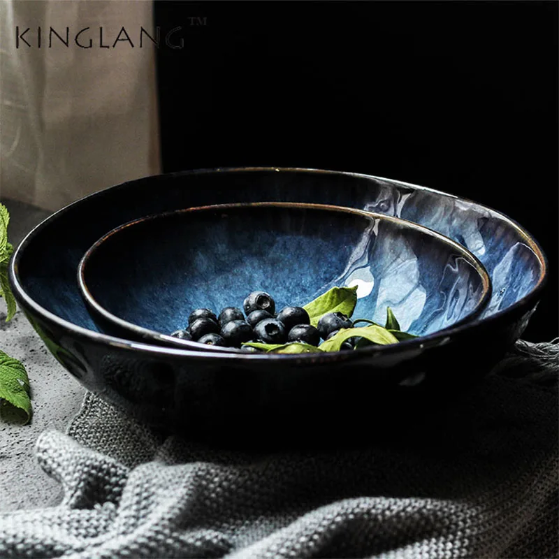 KINGLANG Blue Colored 3 Sizes Ceramic Bowls  Nordic Salad Noodle Big Soup Bowl Wholesale Restaurant Tableware Supplies