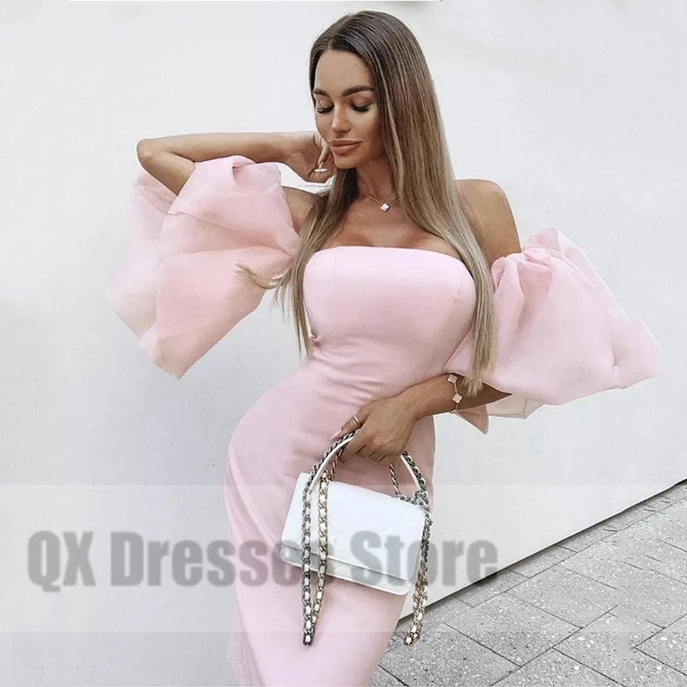 Customized Sexy Pink Strapless Tea Length Cocktail Gowns Off The Shoulder Pleated Mermaid Homecoming Party Dress For Woman 2022