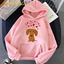 Sweats à capuche College de dessin animé mignon pour femmes, sweat-shirt drôle, vêtements pour femmes, survêtement d'hiver Kawaii, Harajuku, chien teckel, amour, 2021