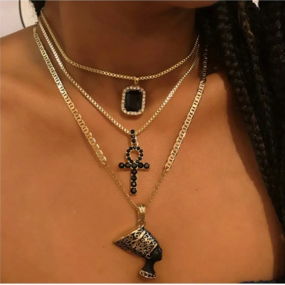 Collar con colgante de Metal y cristal negro para mujer, Gargantilla con Logo de Faraón, varios niveles, Estilo Vintage, a la moda, 2020