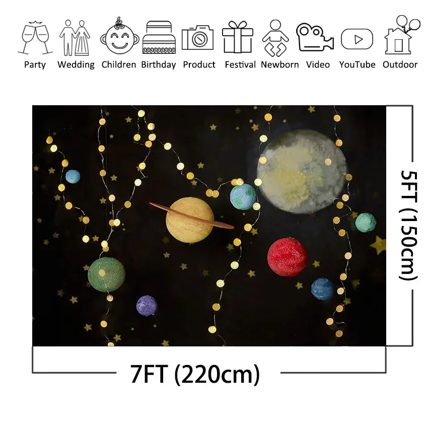Cenário de decoração de festa de aniversário do espaço, universo, galaxy, estúdio fotográfico, planetas da astronomia, para fundo de fotos de bebês