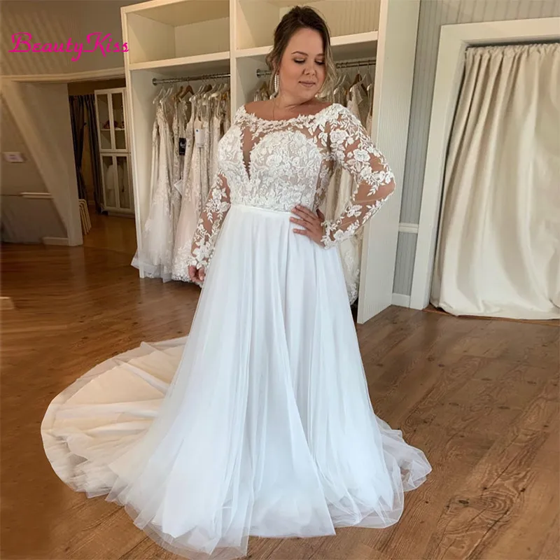 Vestido de novia de talla grande, manga larga, apliques de encaje, línea A, tamaño personalizado, vestido de novia modesto, blanco, marfil