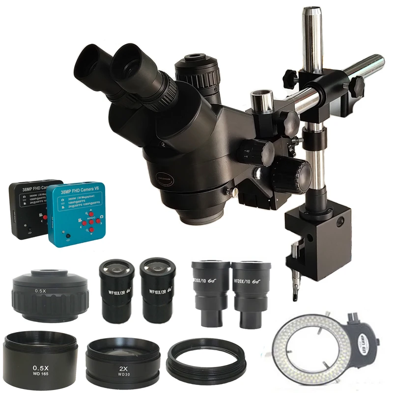 3.5X-180X Industrial Clamp Trinocular Microscope +144 Lights +2.0X 0.5X Objective Lens+38MP 1080P Camera+ PCB Jewelry Tool Kits