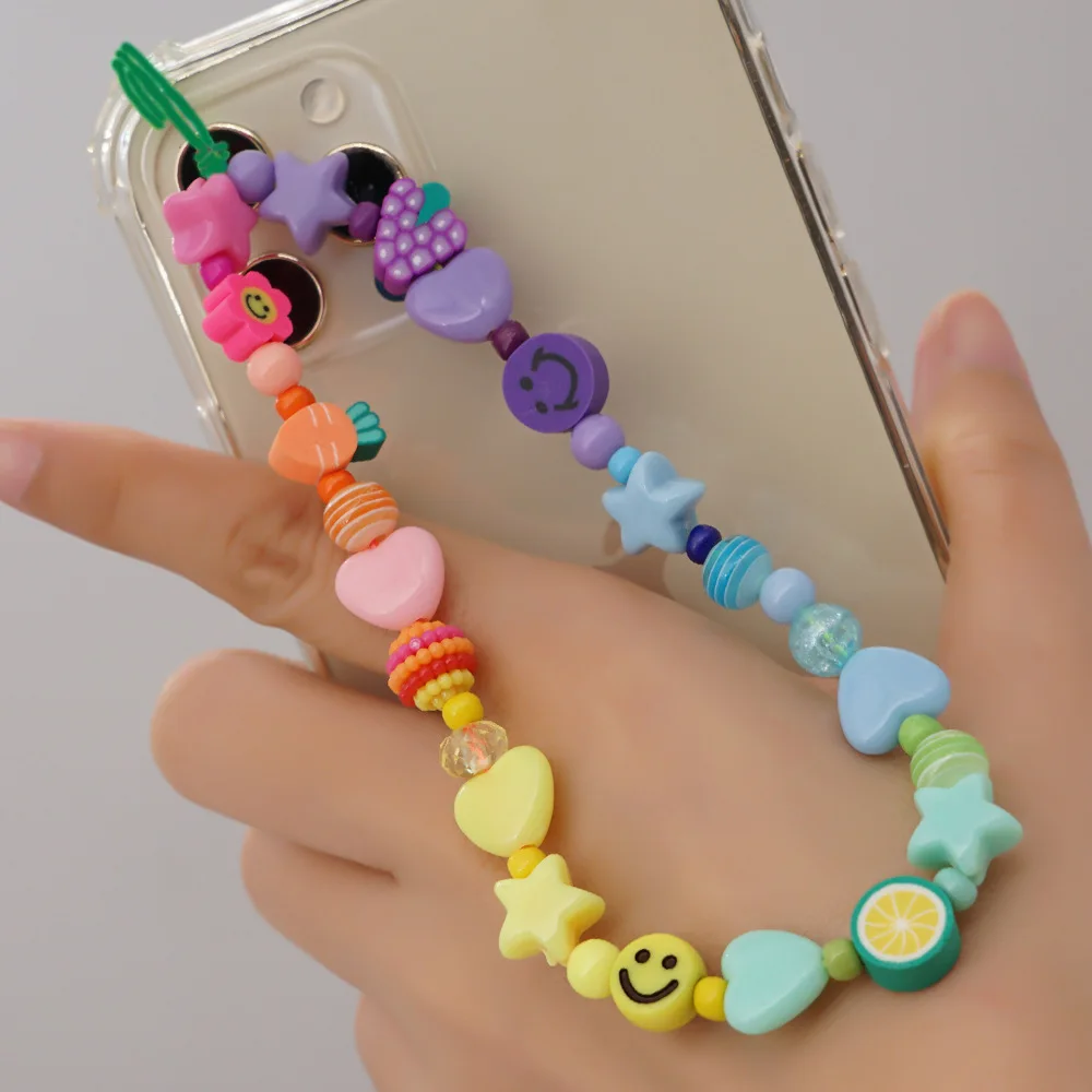 Boho Simulated Pearl Acrylic Mobile Phone Strap Lanyard Soft Pottery Cartoon Smile Star Anti-lost Phone Cord Chain цепочка