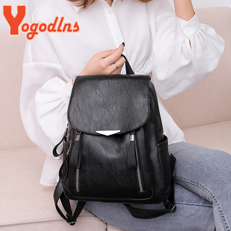 Yogodlns Luxury Backpack For Women Soft PU Leather Backpack Travel Large Capacity School Bag Double Zipper Business Knapsack