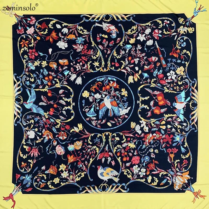 Bufanda cuadrada de sarga 130 para mujer, pañuelo de seda con estampado Floral, marca de lujo, 130 x 100% cm