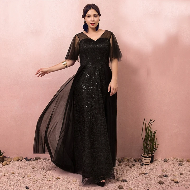 

Evening Dress V-Neck Sequins Lace Up A-Line Pleat Short Sleeves Elegant Floor-Length Black New Plus Size Women Formal Gowns D835