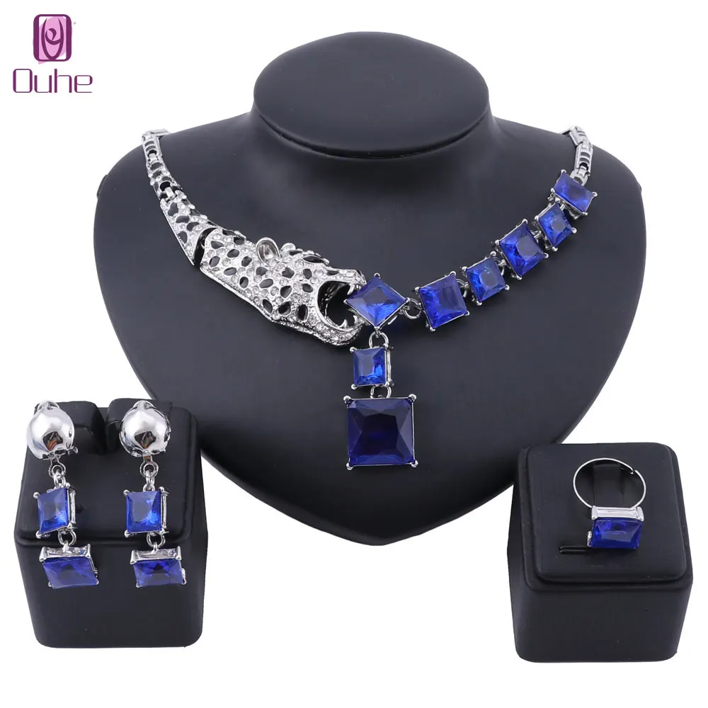 Luxury Gold Color Blue Crystal Leopard Statement Necklace Earring Ring For Women Party Wedding Jewelry Sets