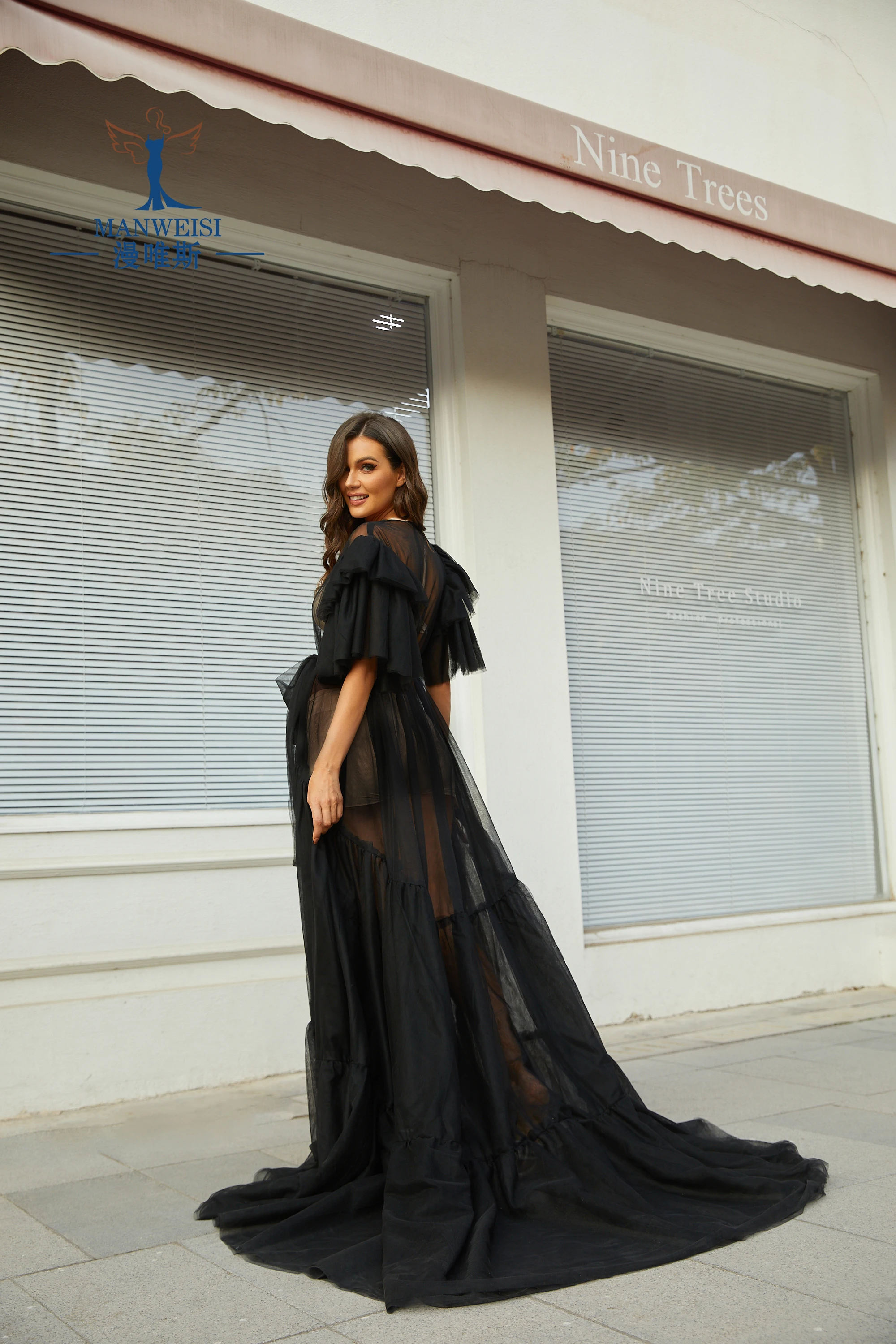 Vestido de fotografía negro para mujer embarazada, vestidos de fiesta a medida, Sexy, con volantes, escalonados, fotos reales