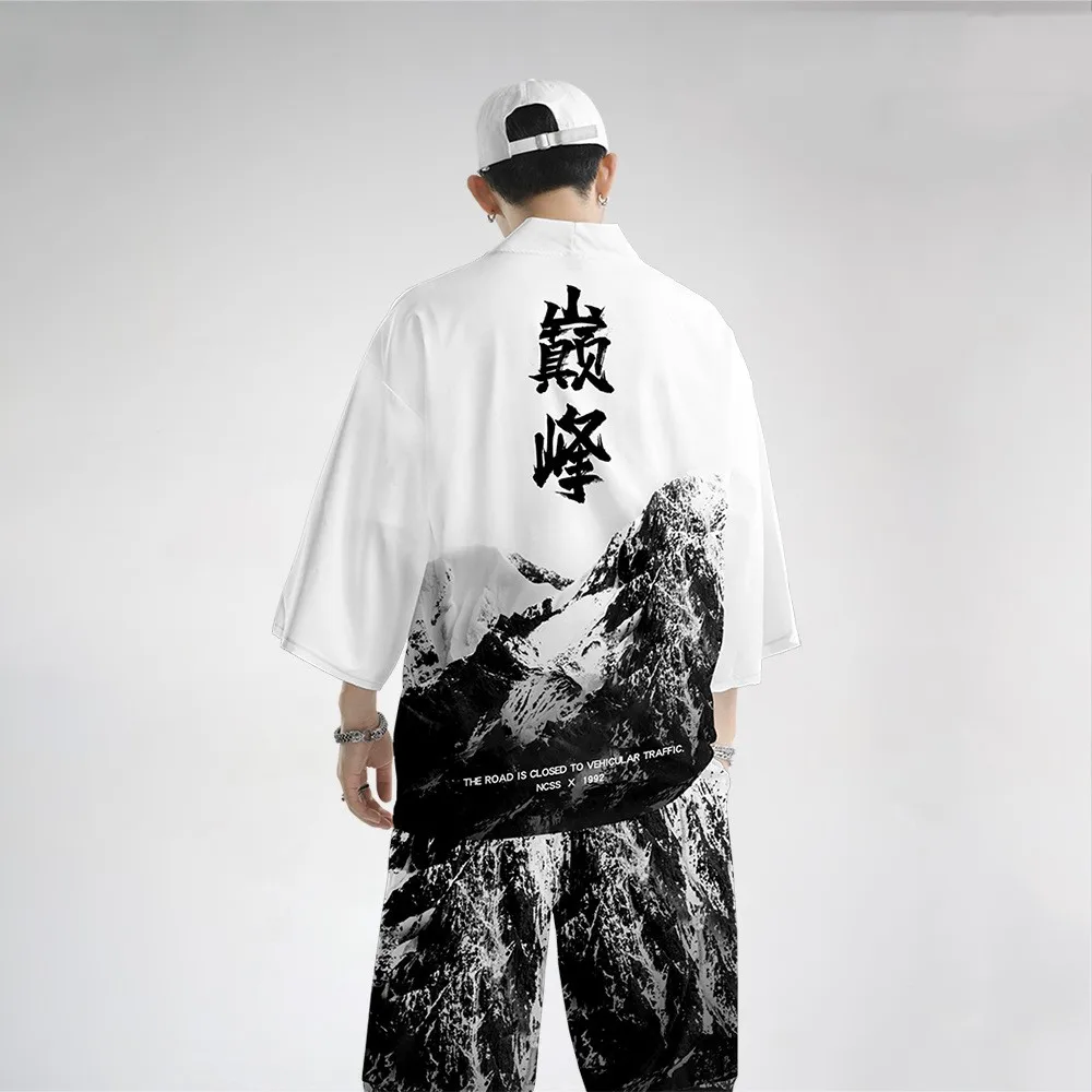 Oversize 6XL Men Kimono Cardigan Trousers Suit Japanese Print Crane Yukata Robe Set Novelty Jacket Chinese Style Tang Suit